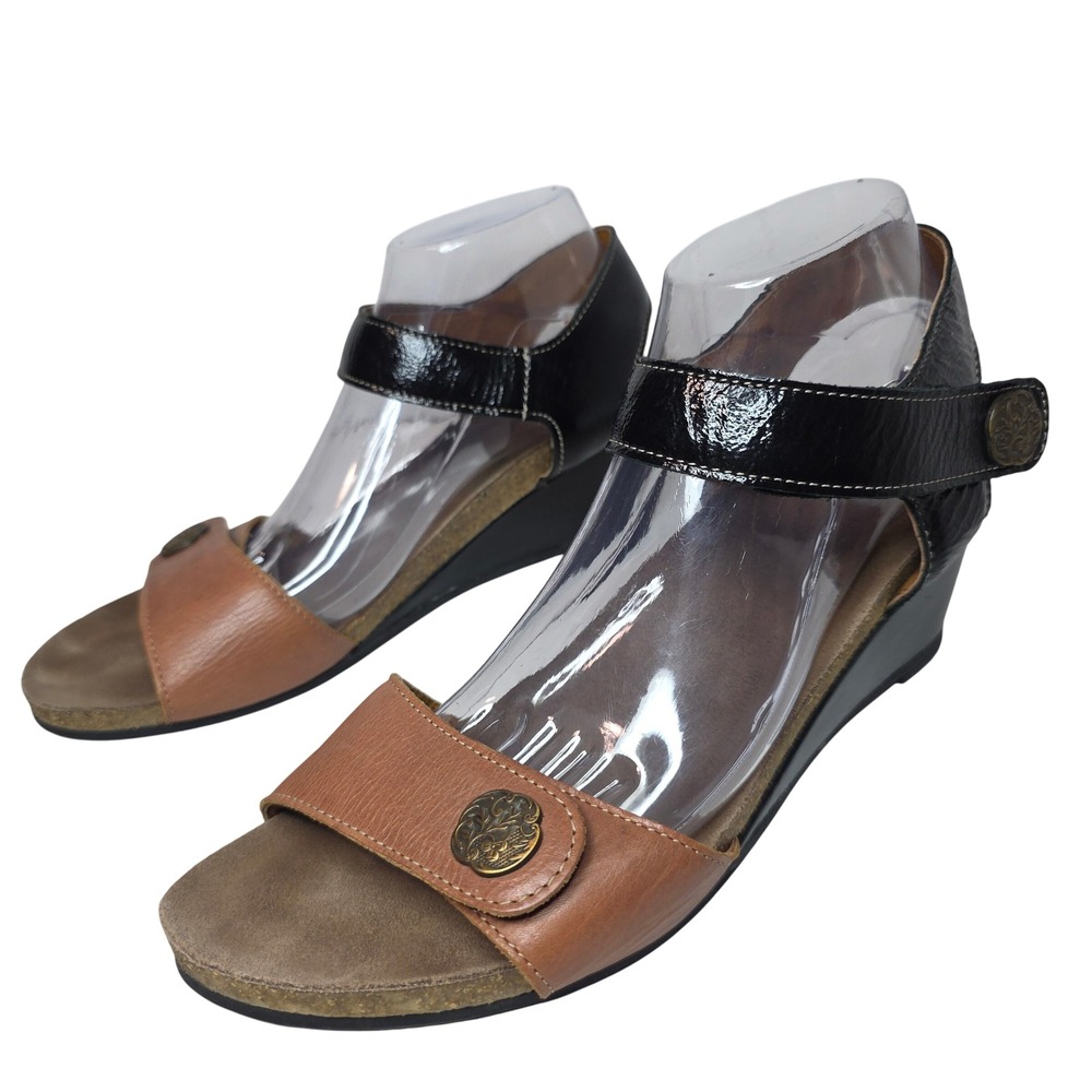 Taos Women's Wedge Sandals Patten Black Tan Leather Ankle Strap Size 41
Comfy